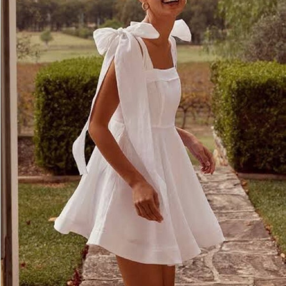 DISSH aisle White Linen Bow Mini Swing Dress